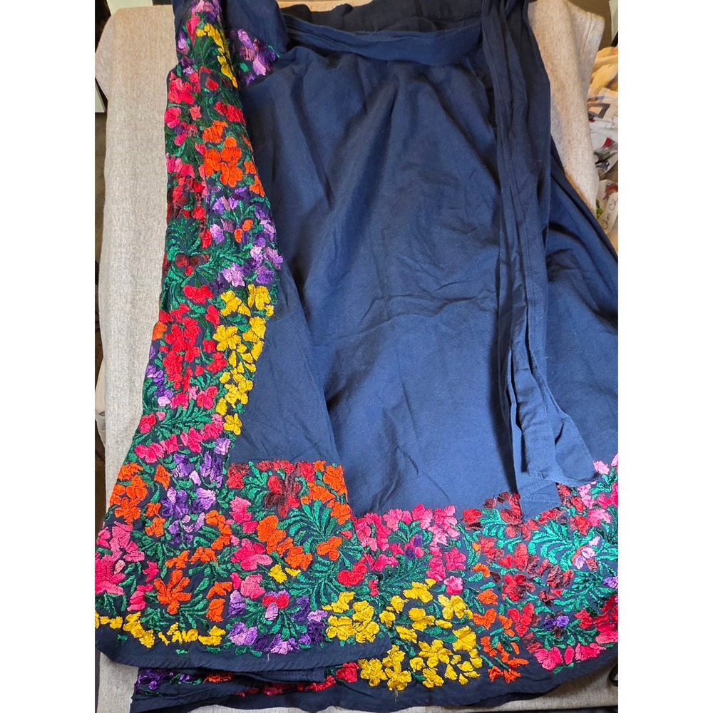 Handmade Mexican Floral Embroidered Wrap Skirt Navy Blue Boho Folk Art Maxi - Picture 1 of 6